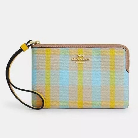 Coach Corner Zip Wristlet with Plaid Print Jacquard in Bright Maize Multi NWT - Picture 1 of 10